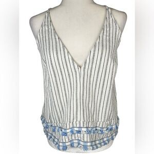 SUBOO White & Baby Blue Striped Fringe Trim Boho Tank Top